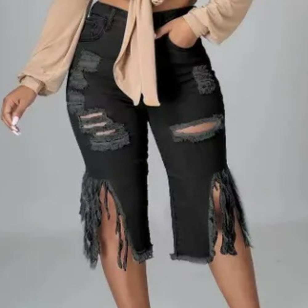 Black  Long Fringed Hole Stretch Jeans - Picture 2 of 7